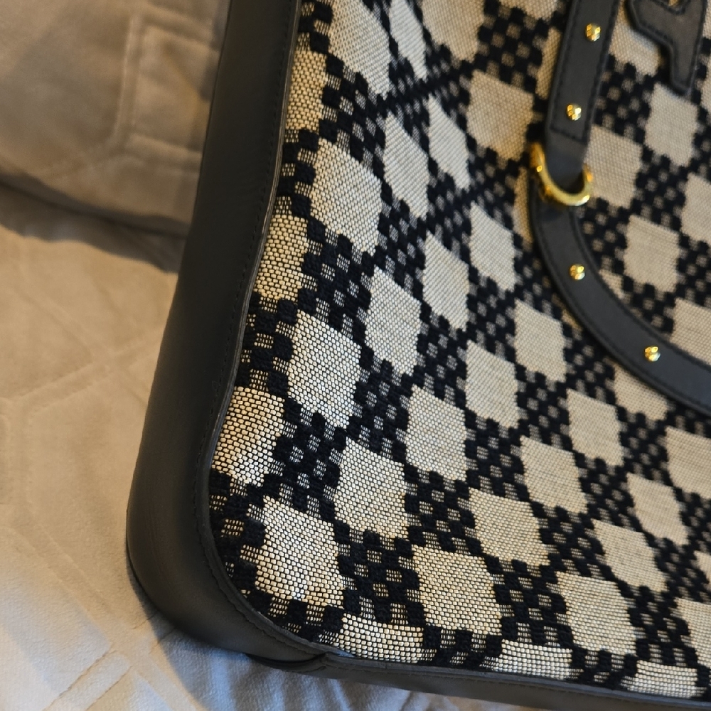 Price Drop! Furla Brand Checkered Black Leather Tan Linen Tote Bag 15x16. As New - Picture 2 of 7